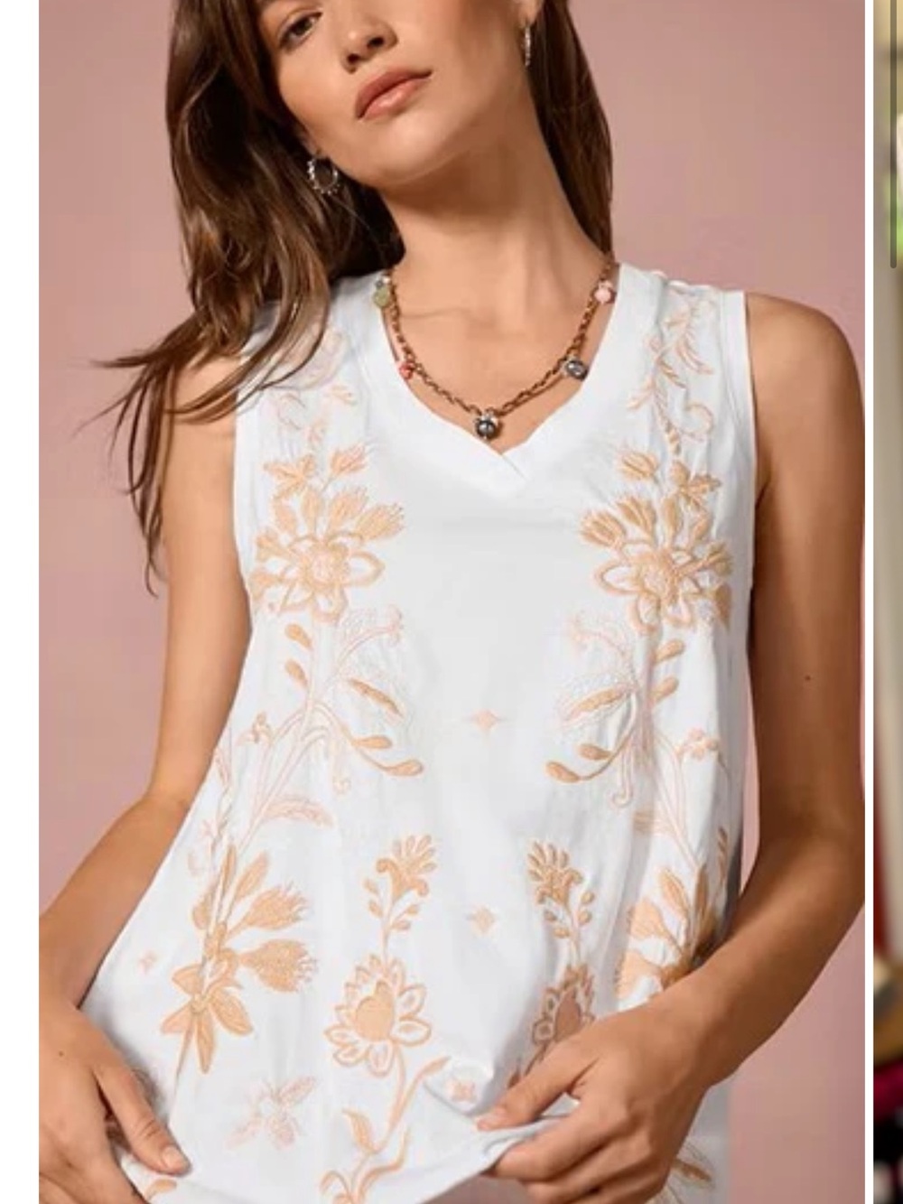 Johnny Was "Danika" drape tank top featuring gold floral embroidery.